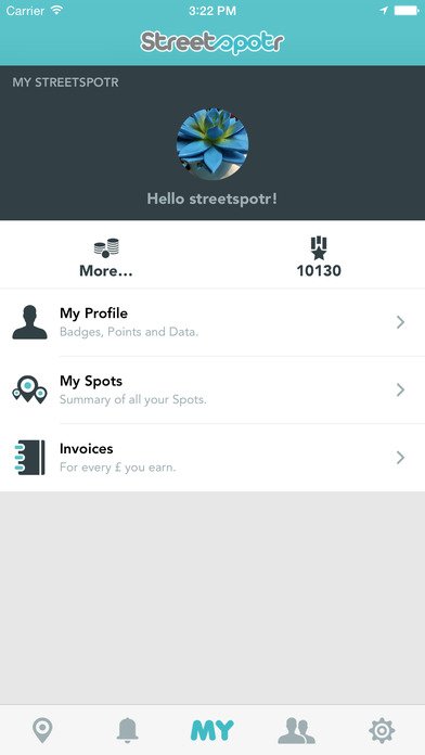 The About you Tab on the StreetSpotr App