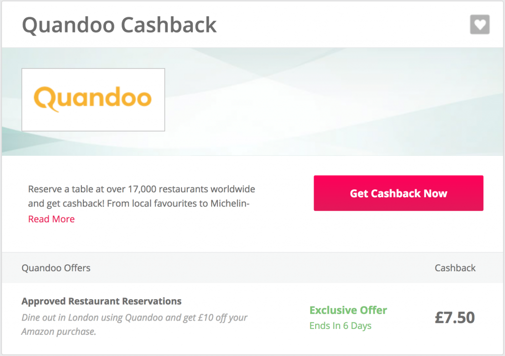 Quandoo Cashback TopCashBack Screen