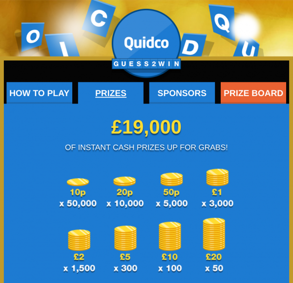 Quidco Guess 2 Win November - Prize Board