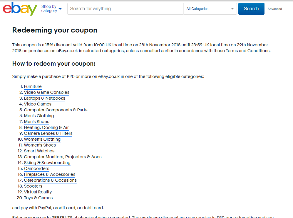 eBay 15% Discount Code November 2018