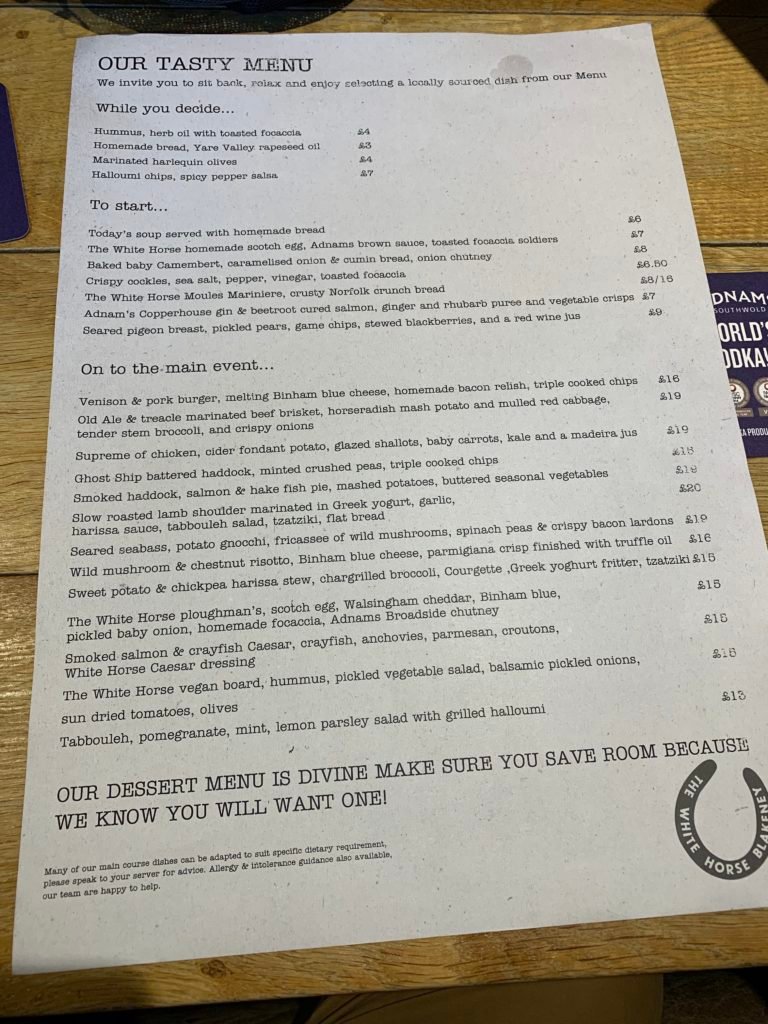 The Menu at the White Horse in Blakeney