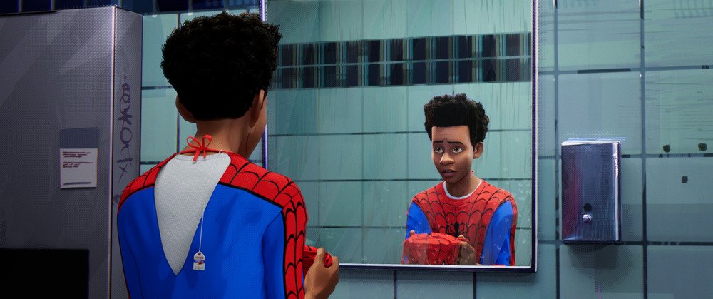 Image of Miles Morales as Spider-Man looking in the mirror