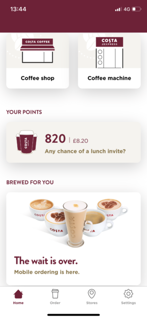 An Image of the Costa Coffee App home page