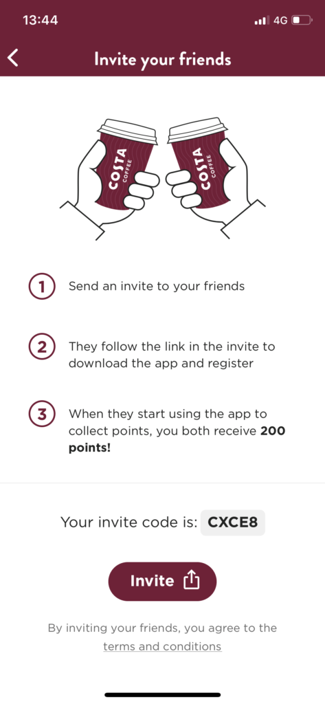 An image of the Costa Coffee Refer a friend page