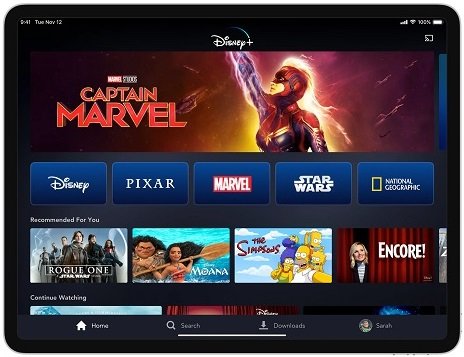 Photo of the Disney + App running on a tablet showing all 5 franchises that it is working with. Disney Pixar Marvel National Geographic Star Wars