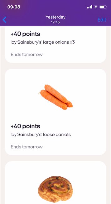 Screenshot of the Nectar app showing 40 bonus points for purchasing loose carrots