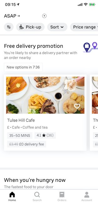 A Screenshot of the Uber Eats app showing the free delivery option