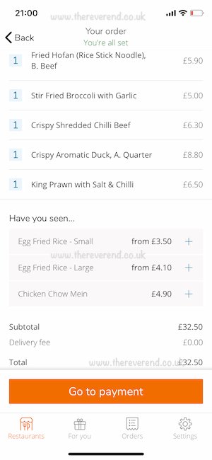 A screen shot of a takeaway order on the Just Eat app