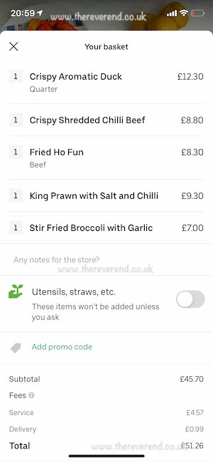 A screenshot of an Uber Eats takeaway order from the Uber Eats app