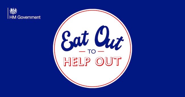 a blue banner image with the Eat Out to Help Out icon in the middle.