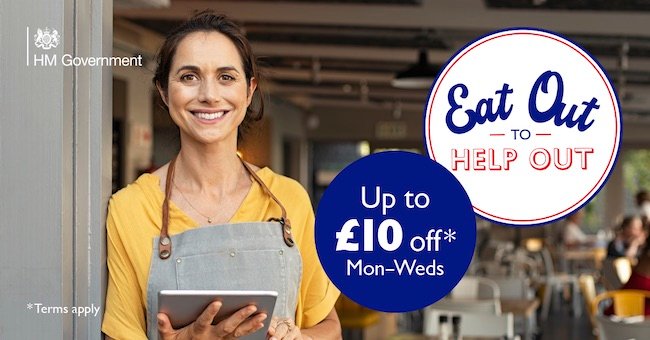 A banner image promoting Eat Out to Help Out with a waiter standing smiling at the camera and the £10 discount highlighted