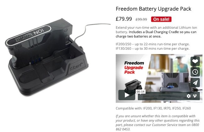 A screenshot of the Shark Freedom Pack showing the battery in the dual battery charger