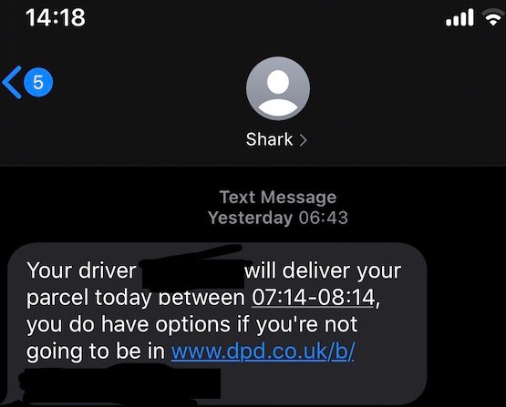 An image of a text from Shark advising of a delivery slot between 7.14 and 8.14am 