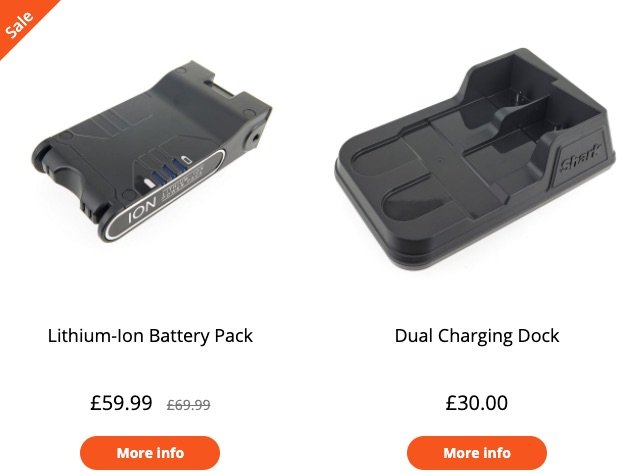 A screenshot of the replacement Shark Battery and dual charge kit from the Shark Website