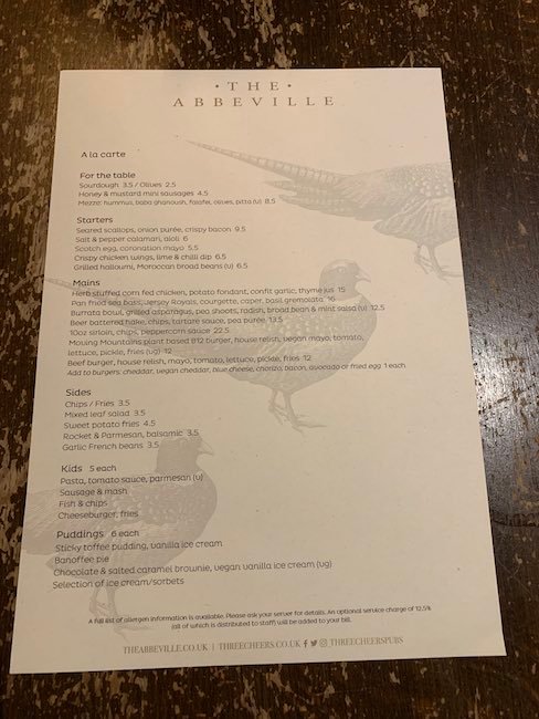 a photo of the normal menu from The Abbeville Clapham