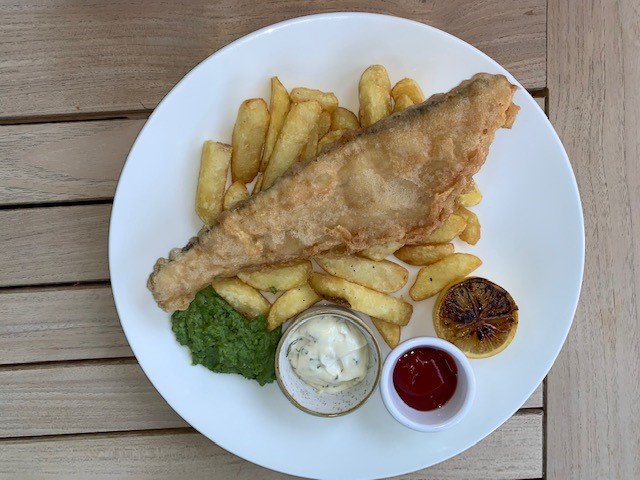 an overhead photo of the fish and chips main course from The Windmill Clapham Common