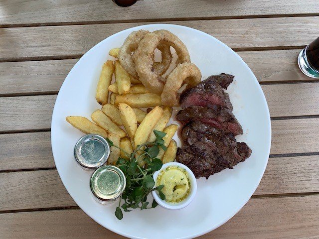 An overhead photo of the Flat Iron Steak main course from The Windmill Clapham Common