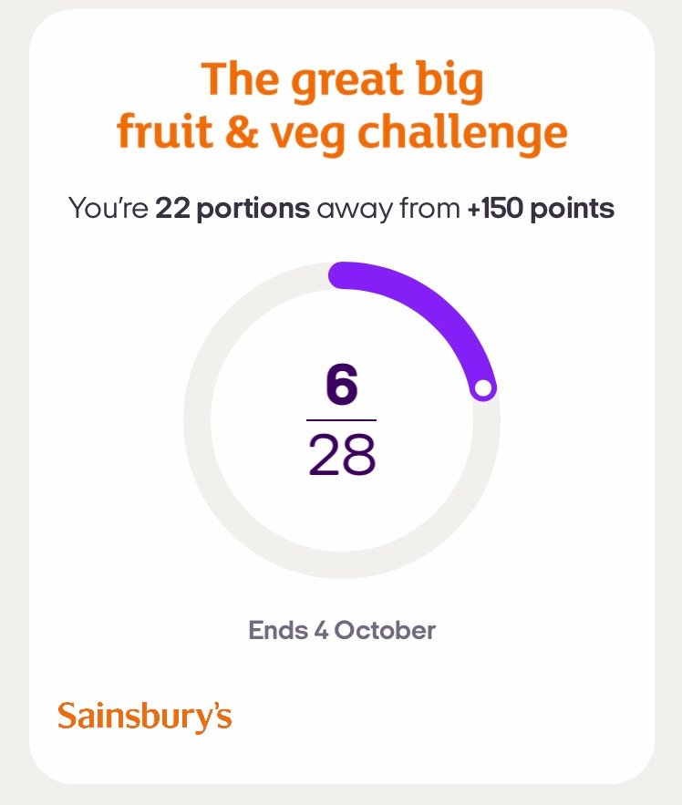 A screenshot of the Bonus Nectar Point Challenge showing I've completed 6 out of the 28 portions of fruit or veg