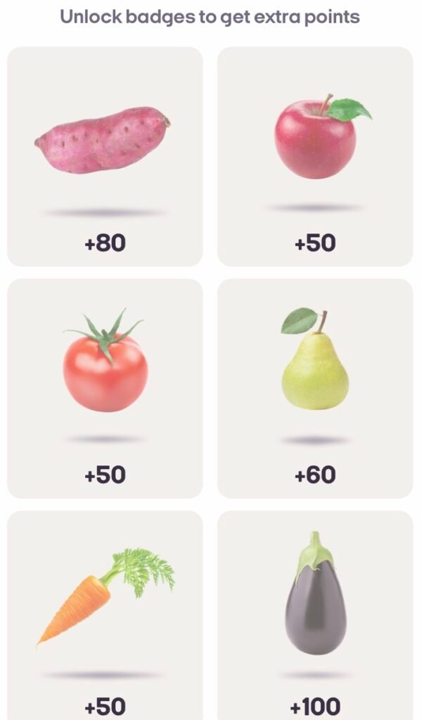 a screenshot of the Nectar app with 6 photos of fruit/veg that will give bonus points during the fruit and veg challenge