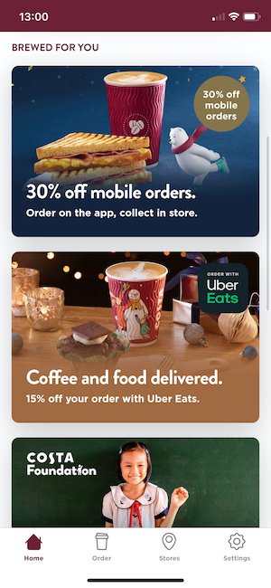 Screenshot of the Costa App showing the '30% off mobile orders' link