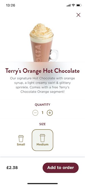 Screenshot of the Costa App showing the Terry's Orange Hot Chocolate