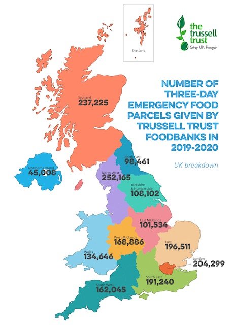 A map of the UK showing the breakdown of foodbank useage by region