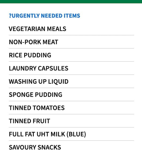 A list of the urgently needed items at Clapham Food Bank