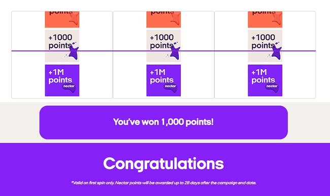 Spin to Win Bonus Nectar Points 1000 points won