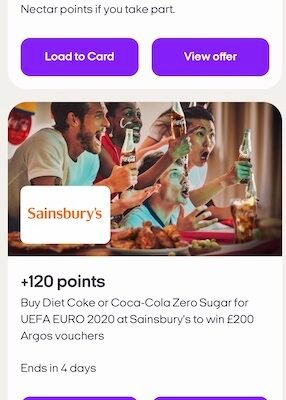 A screenshot taken on the Nectar app of the partner page offer 120 bonus nectar points if you buy diet coke