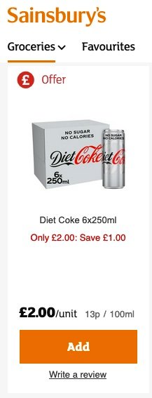 A screenshot taken from the Sainsburys website showing the Diet Coke 6 x 250ml can at a price of two pounds