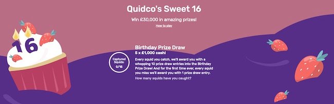 A screenshot of the Quidco Sweet 16 Squid Hunt Banner with a birthday cake on the left and strawberries on the right. In the middle is shows how many of the 5 £1000 special prizes have been won