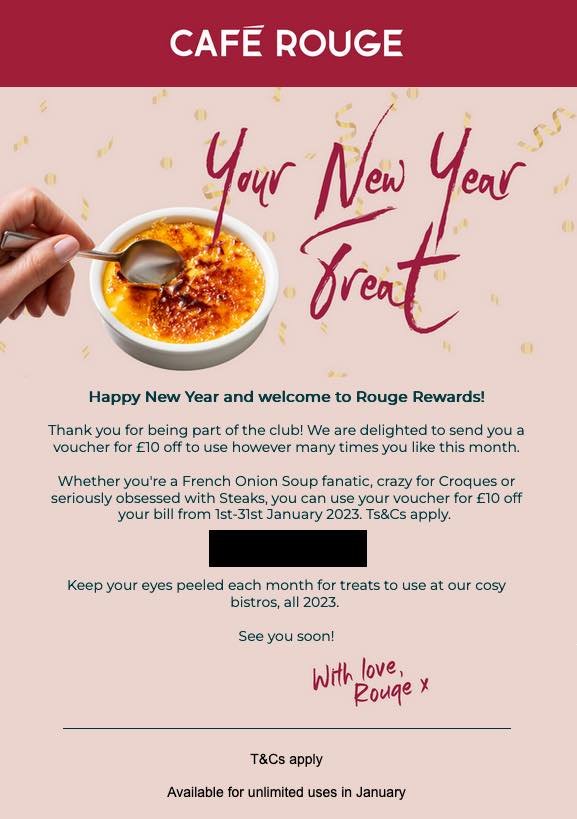 a screenshot of an offer Cafe Rouge is making in January 2023 of £10 off your bill, daily, for the whole month of January