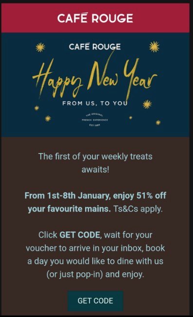 email screenshot of a Cafe Rouge offer for the first week of January 2023 -51% off all mains.