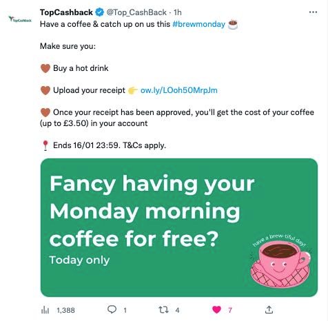 This image is a screenshot of a tweet from TopCashback offering to pay people upto £3.50 if they buy a hot drink today and load the receipt to their TopCashback account